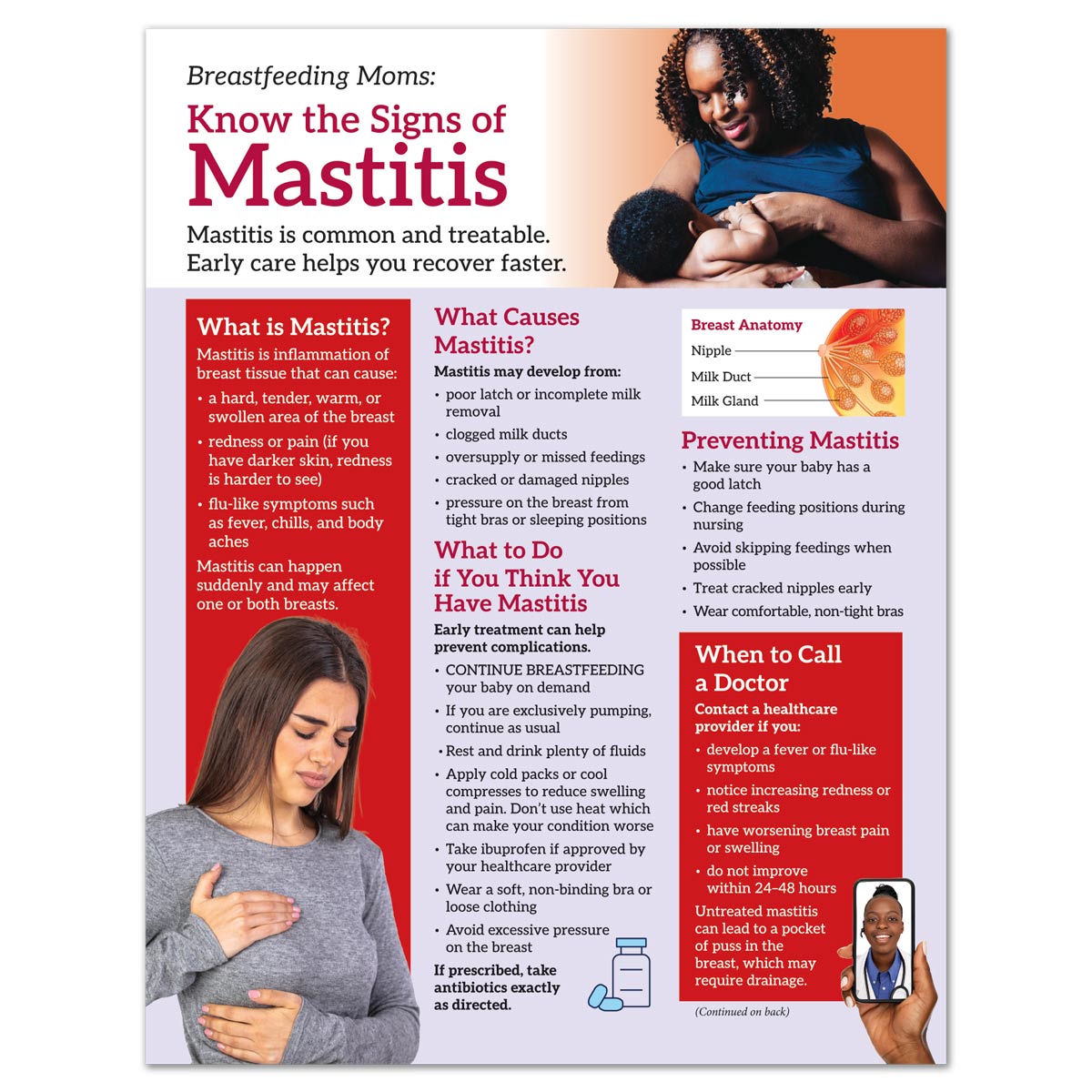 English front side of mastitis tear pad for breastfeeding moms