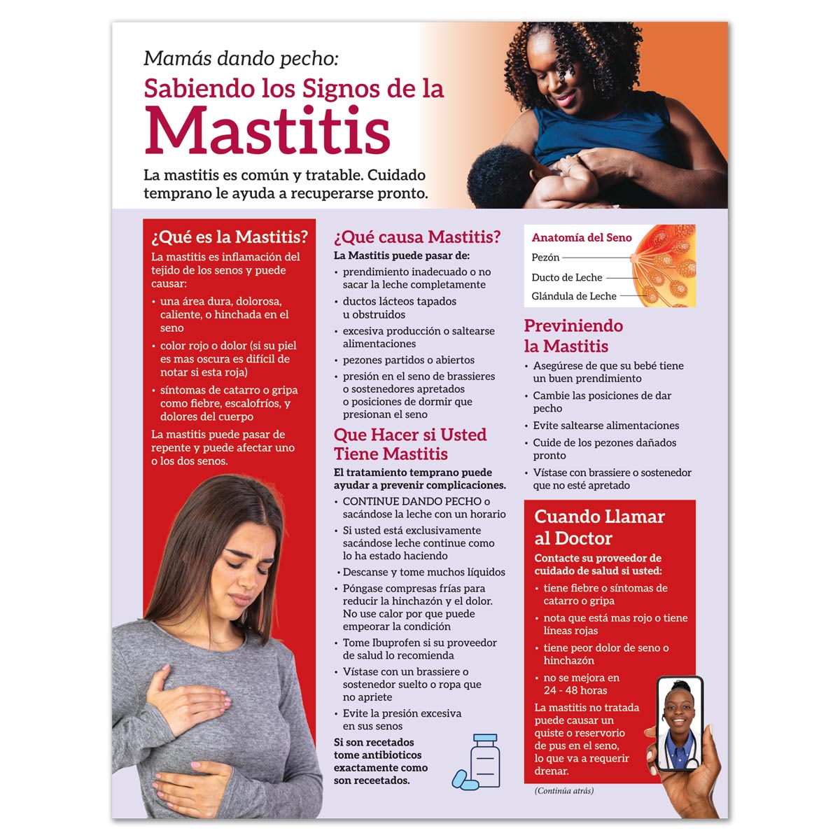 Spanish front side of mastitis tear pad for breastfeeding moms