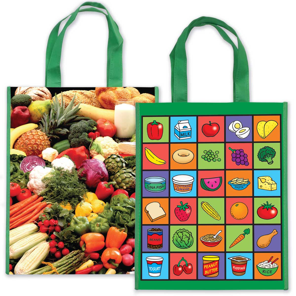 Fruit and veggie laminated grocery tote for nutrition education